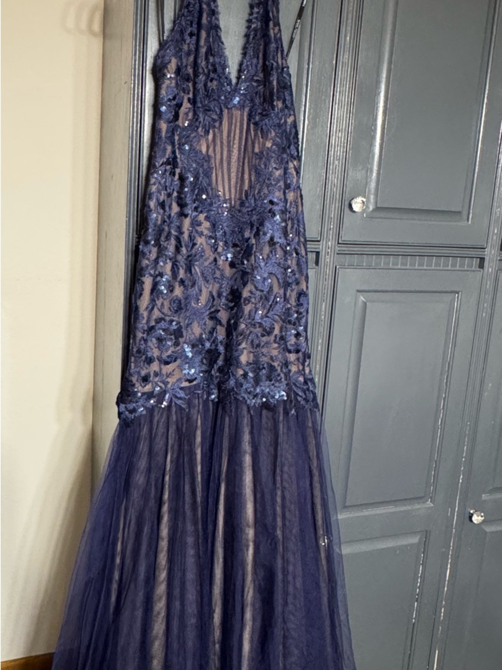 Tadashi Shoji Navy Blue Embellished Backless Gown
